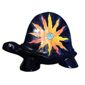 Vintage Turov Turtle Navy Blue Sunflower Orange Yellow Hand Made Art Ceramics